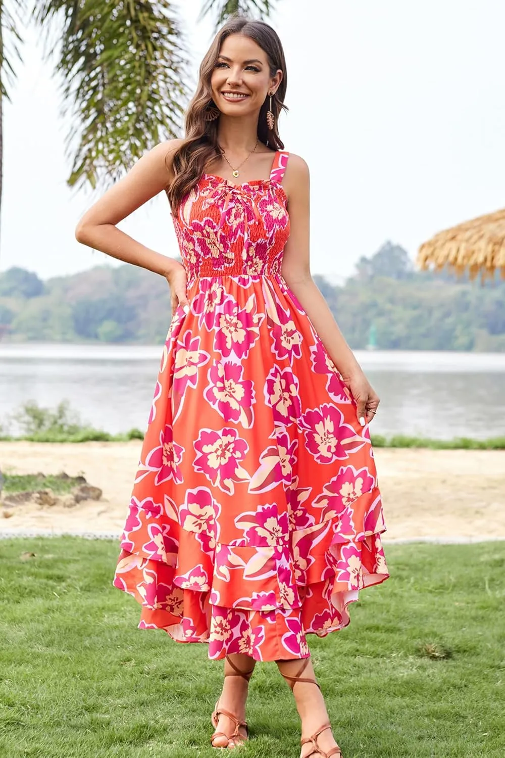 GRACE KARIN Women's 2025 Summer Floral Boho Dress Square Neck Strapped Swing A Line Sundress Beach Long Maxi Outfits