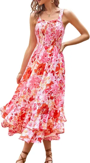 GRACE KARIN Women's 2025 Summer Floral Boho Dress Square Neck Strapped Swing A Line Sundress Beach Long Maxi Outfits