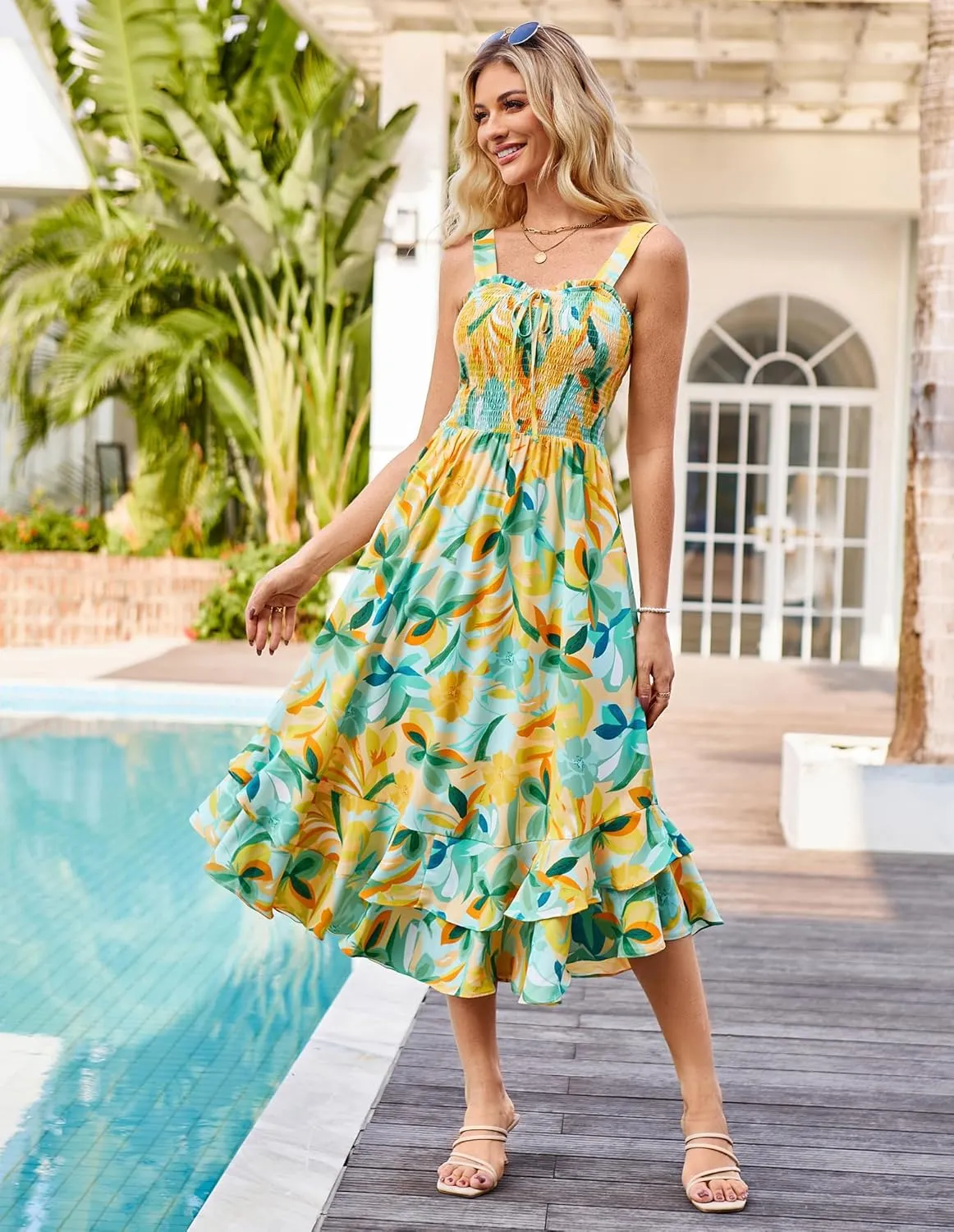 GRACE KARIN Women's 2025 Summer Floral Boho Dress Square Neck Strapped Swing A Line Sundress Beach Long Maxi Outfits