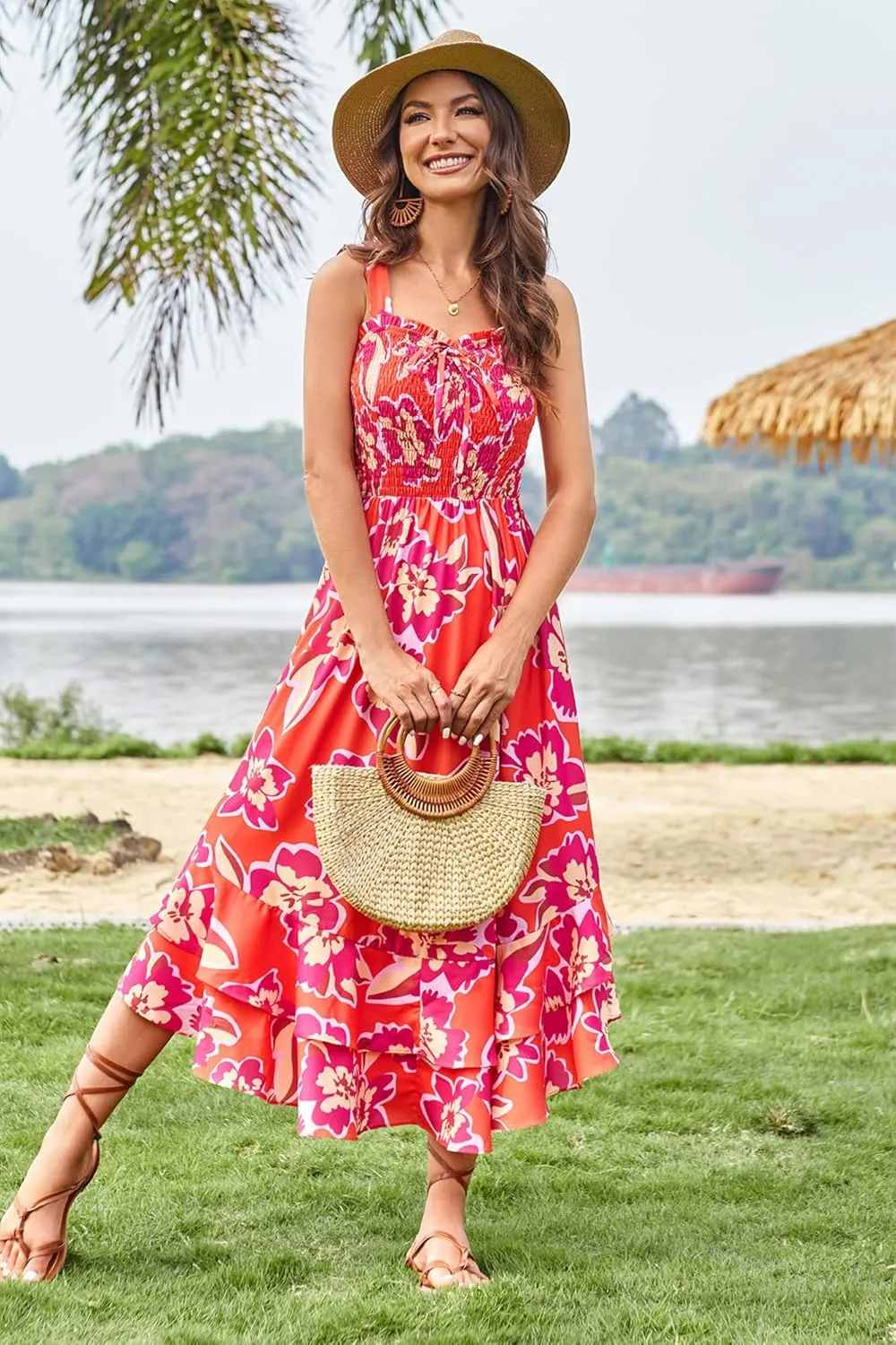 GRACE KARIN Women's 2025 Summer Floral Boho Dress Square Neck Strapped Swing A Line Sundress Beach Long Maxi Outfits