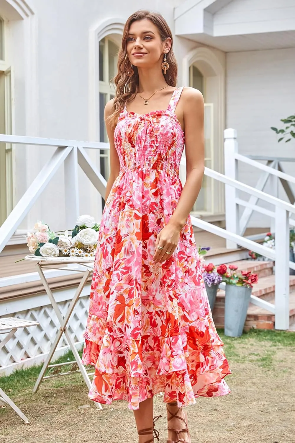 GRACE KARIN Women's 2025 Summer Floral Boho Dress Square Neck Strapped Swing A Line Sundress Beach Long Maxi Outfits
