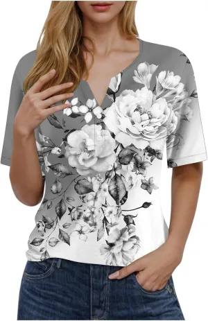 Graphic Tees for Women Vintage Floral Print Short Sleeve Button Down Shirts Casual Loose Boho Tops Bohemian Clothes