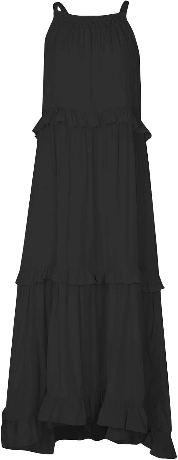 Halter Maxi Dresses for Women Flowy Summer Sleeveless Ruffle Dress Summer Smocked Layered Formal Long Dresses