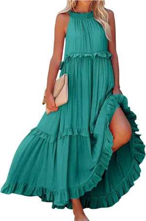 Halter Maxi Dresses for Women Flowy Summer Sleeveless Ruffle Dress Summer Smocked Layered Formal Long Dresses