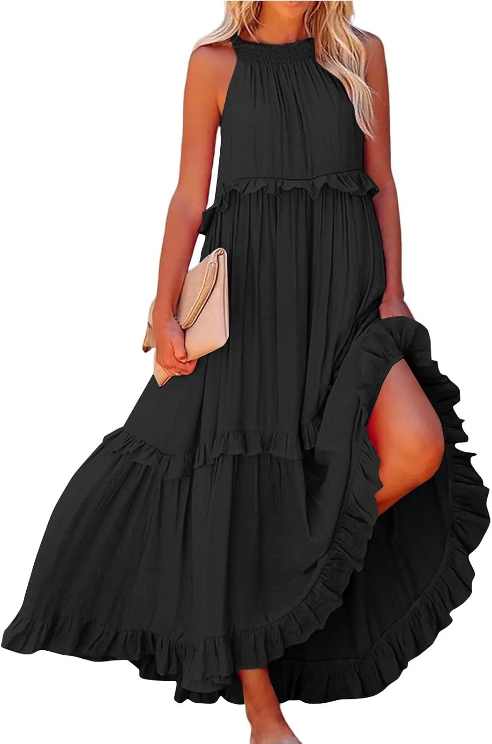 Halter Maxi Dresses for Women Flowy Summer Sleeveless Ruffle Dress Summer Smocked Layered Formal Long Dresses