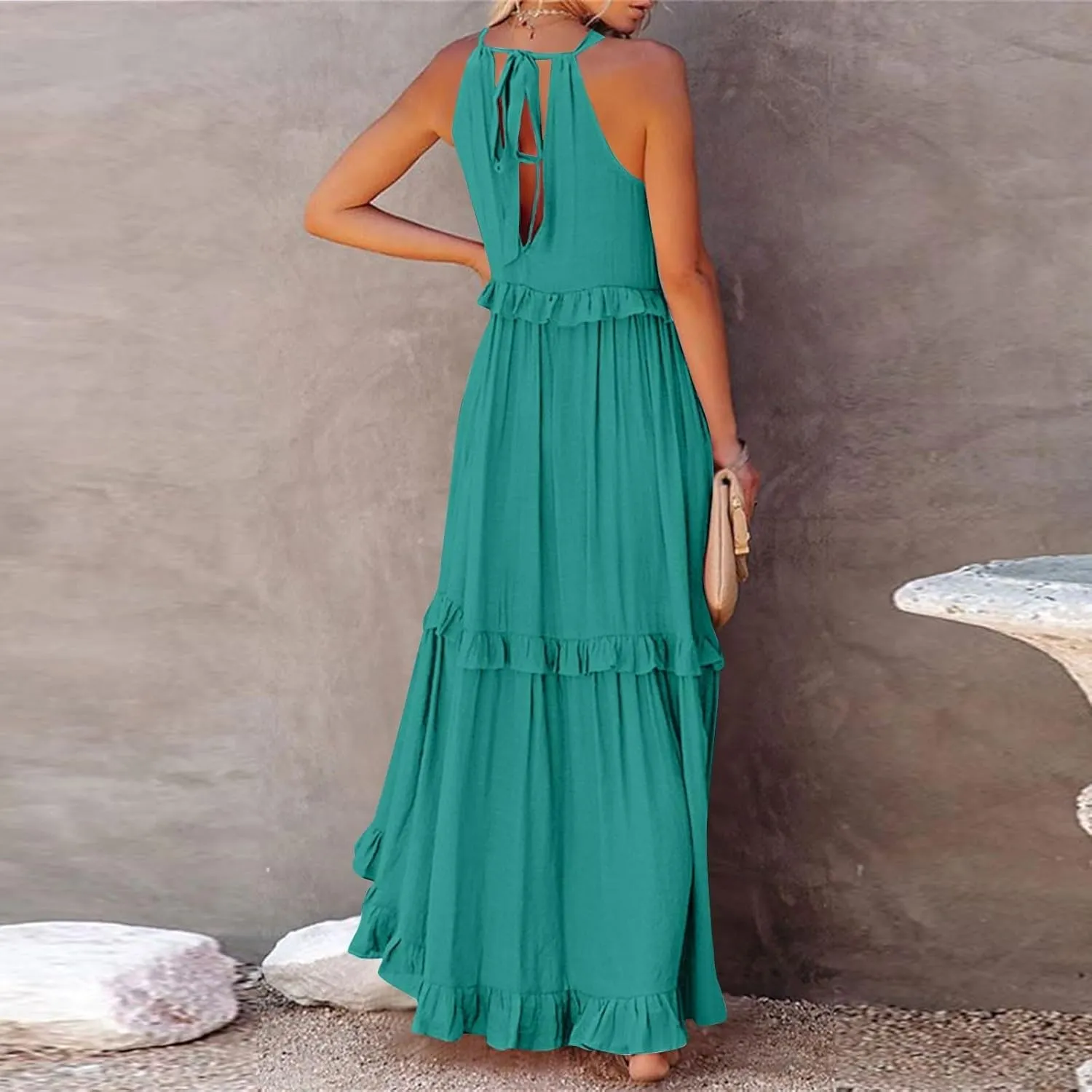 Halter Maxi Dresses for Women Flowy Summer Sleeveless Ruffle Dress Summer Smocked Layered Formal Long Dresses