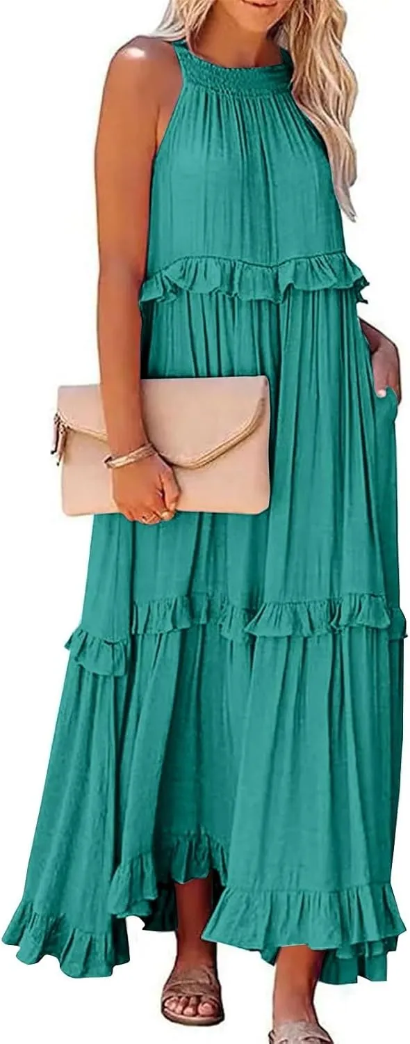Halter Maxi Dresses for Women Flowy Summer Sleeveless Ruffle Dress Summer Smocked Layered Formal Long Dresses