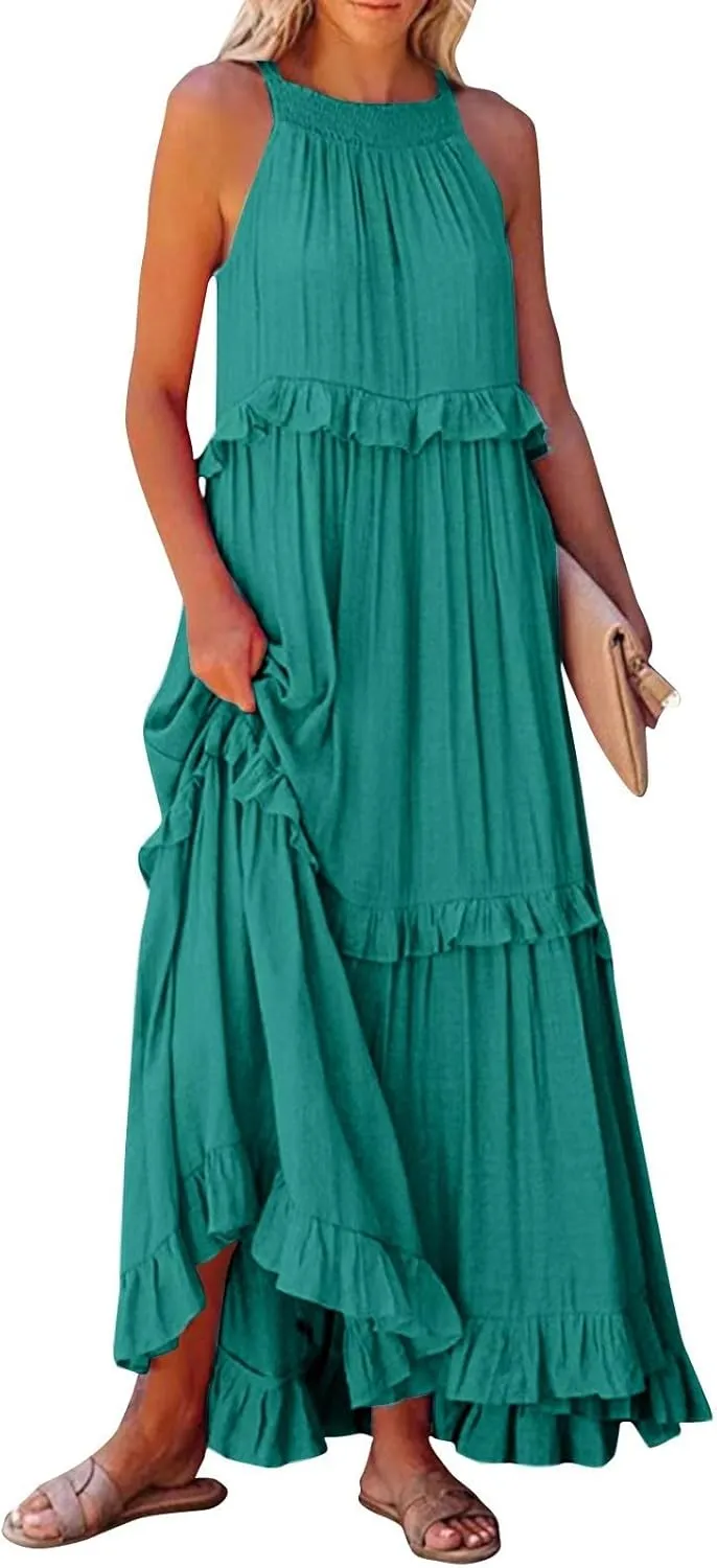 Halter Maxi Dresses for Women Flowy Summer Sleeveless Ruffle Dress Summer Smocked Layered Formal Long Dresses
