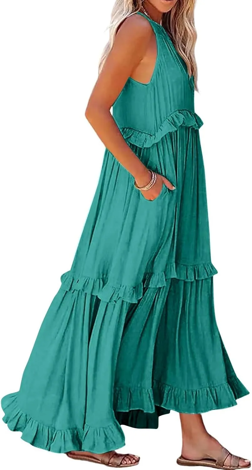 Halter Maxi Dresses for Women Flowy Summer Sleeveless Ruffle Dress Summer Smocked Layered Formal Long Dresses