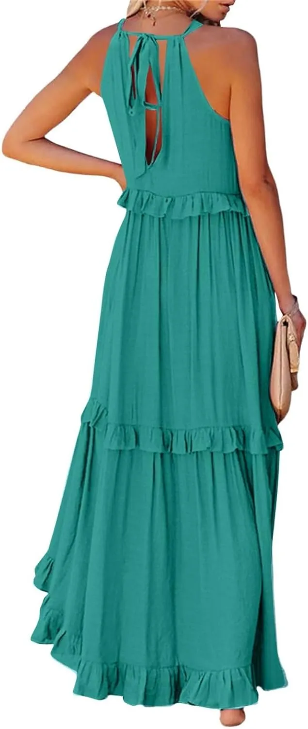 Halter Maxi Dresses for Women Flowy Summer Sleeveless Ruffle Dress Summer Smocked Layered Formal Long Dresses