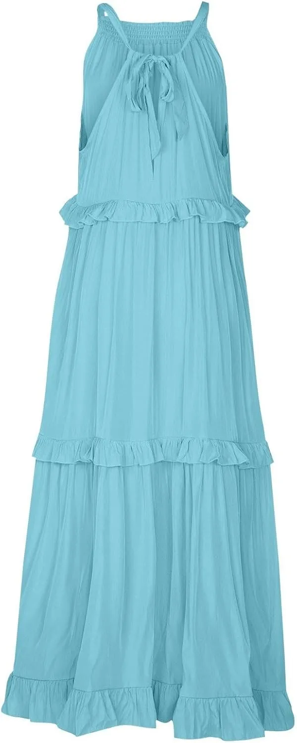 Halter Maxi Dresses for Women Flowy Summer Sleeveless Ruffle Dress Summer Smocked Layered Formal Long Dresses