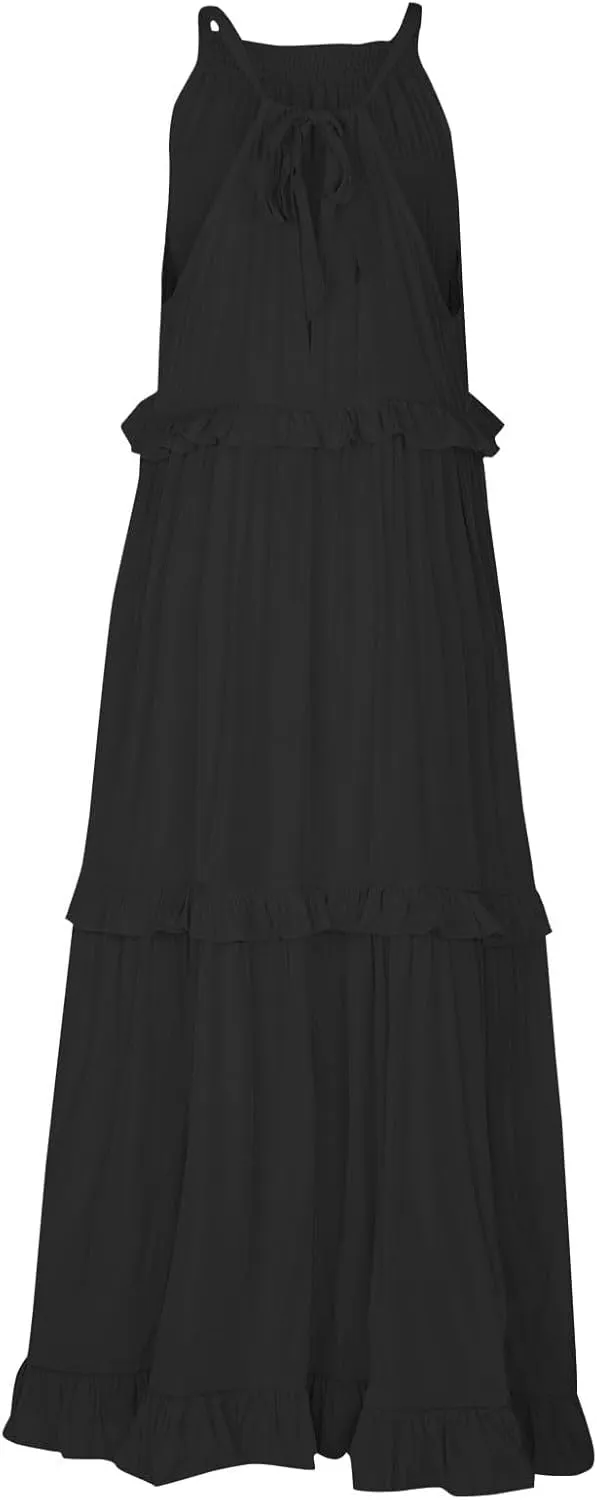 Halter Maxi Dresses for Women Flowy Summer Sleeveless Ruffle Dress Summer Smocked Layered Formal Long Dresses