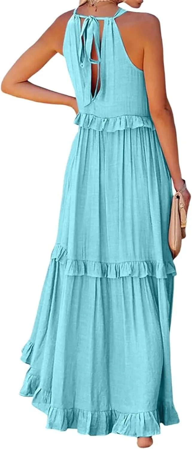 Halter Maxi Dresses for Women Flowy Summer Sleeveless Ruffle Dress Summer Smocked Layered Formal Long Dresses