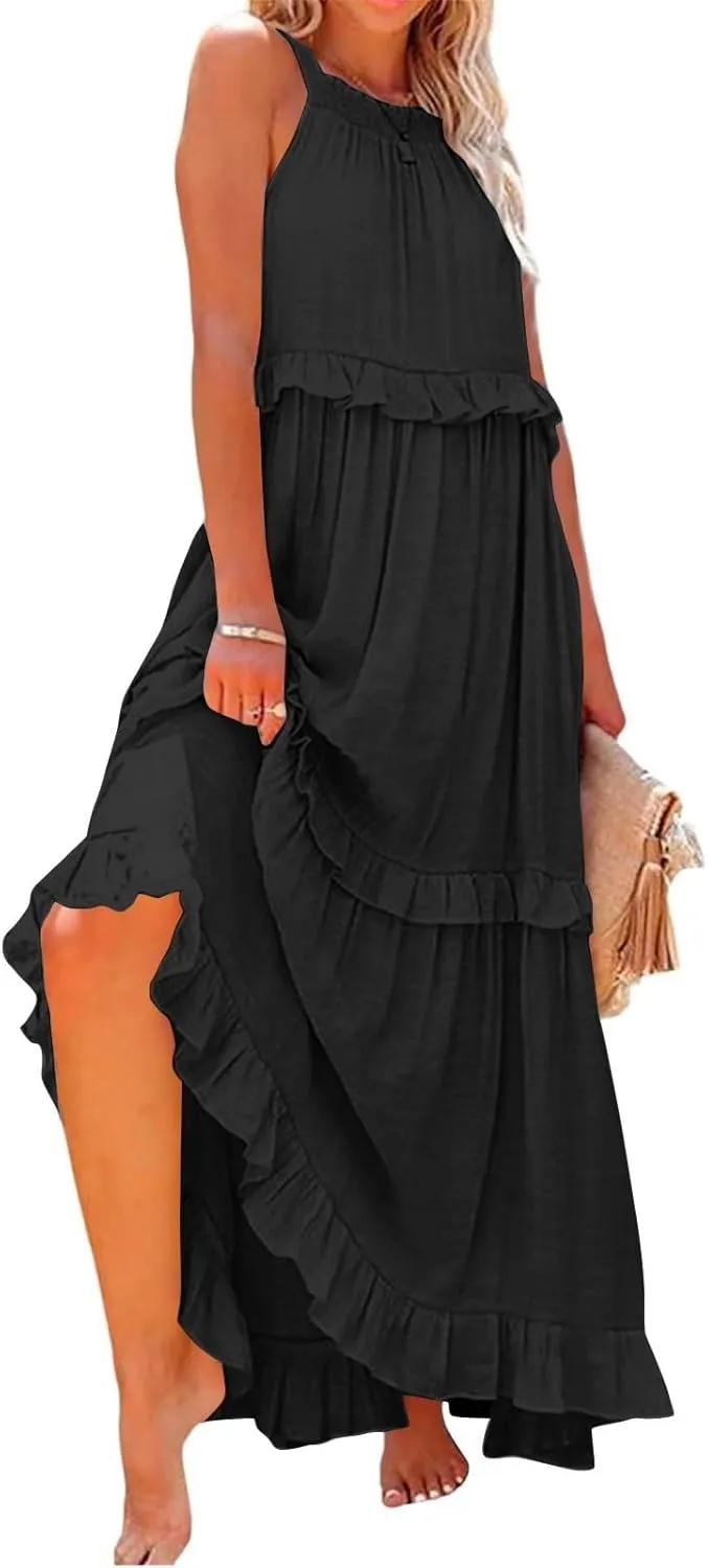 Halter Maxi Dresses for Women Flowy Summer Sleeveless Ruffle Dress Summer Smocked Layered Formal Long Dresses