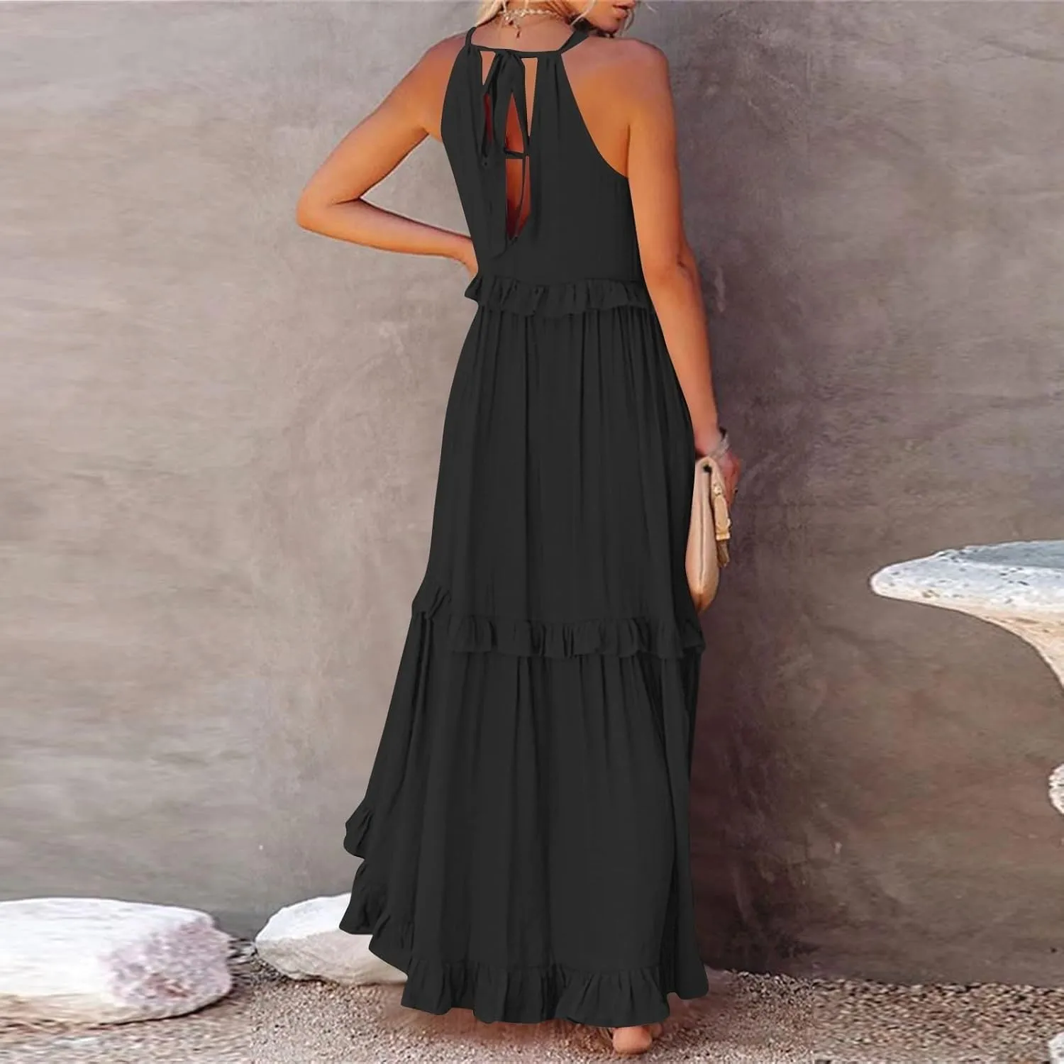 Halter Maxi Dresses for Women Flowy Summer Sleeveless Ruffle Dress Summer Smocked Layered Formal Long Dresses