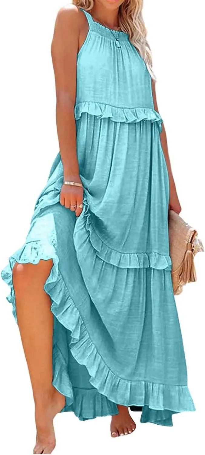 Halter Maxi Dresses for Women Flowy Summer Sleeveless Ruffle Dress Summer Smocked Layered Formal Long Dresses