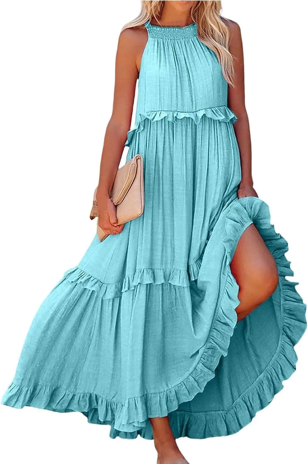 Halter Maxi Dresses for Women Flowy Summer Sleeveless Ruffle Dress Summer Smocked Layered Formal Long Dresses