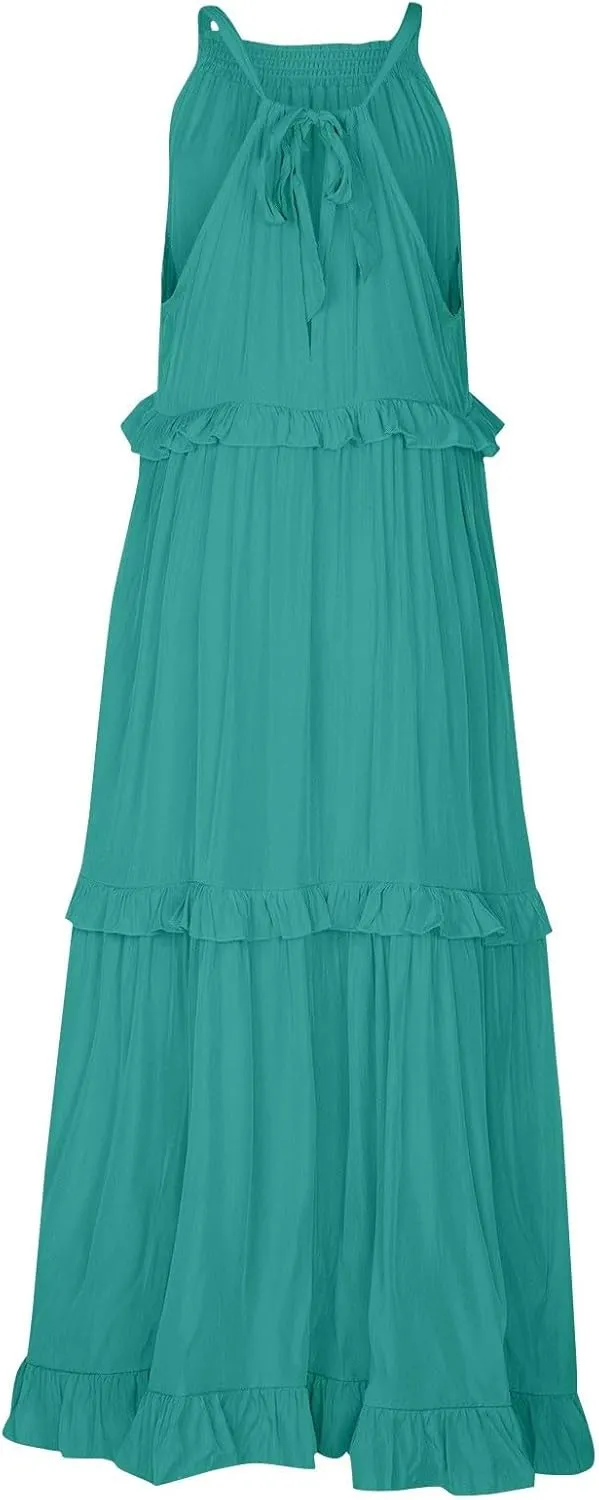 Halter Maxi Dresses for Women Flowy Summer Sleeveless Ruffle Dress Summer Smocked Layered Formal Long Dresses
