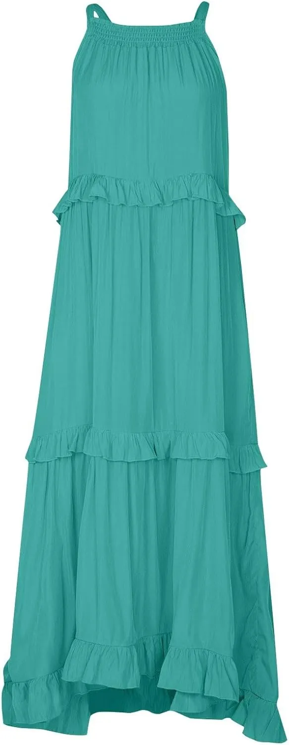 Halter Maxi Dresses for Women Flowy Summer Sleeveless Ruffle Dress Summer Smocked Layered Formal Long Dresses