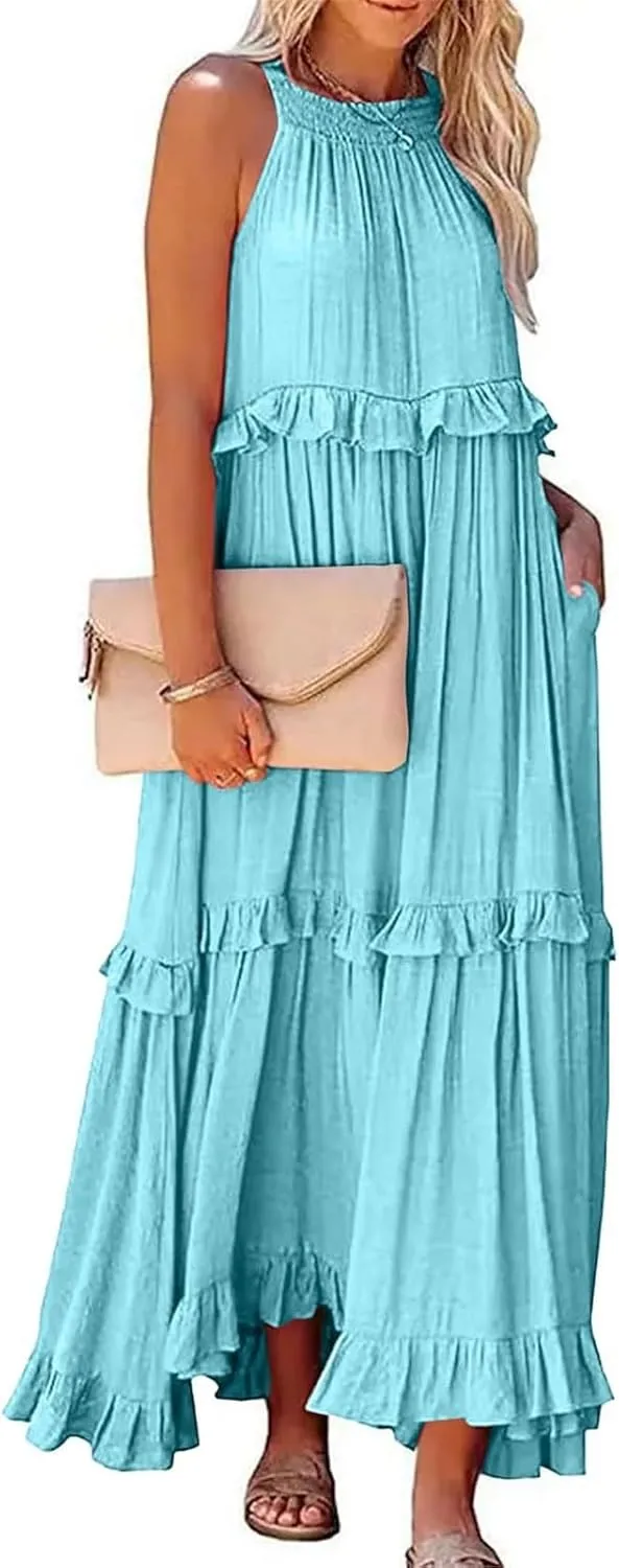 Halter Maxi Dresses for Women Flowy Summer Sleeveless Ruffle Dress Summer Smocked Layered Formal Long Dresses