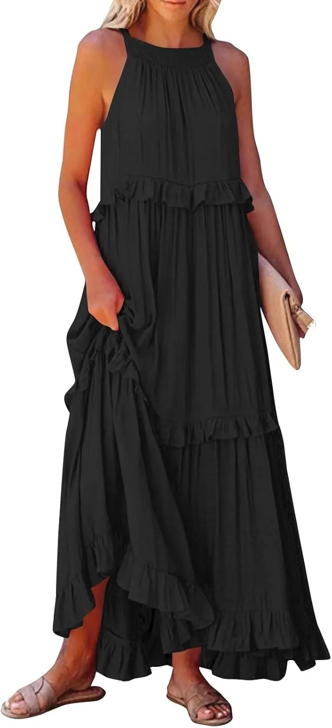 Halter Maxi Dresses for Women Flowy Summer Sleeveless Ruffle Dress Summer Smocked Layered Formal Long Dresses