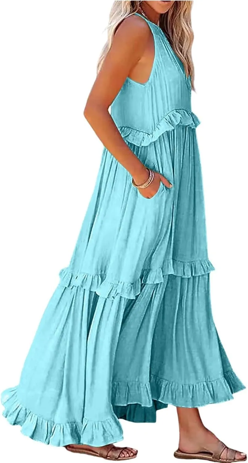 Halter Maxi Dresses for Women Flowy Summer Sleeveless Ruffle Dress Summer Smocked Layered Formal Long Dresses