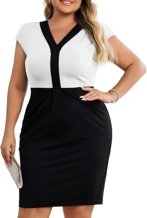 Hanna Nikole Plus Size Dresses for Curvy Women Color Block Bodycon V Neck Dress Ruched Dress High Stretchy Wear to Work