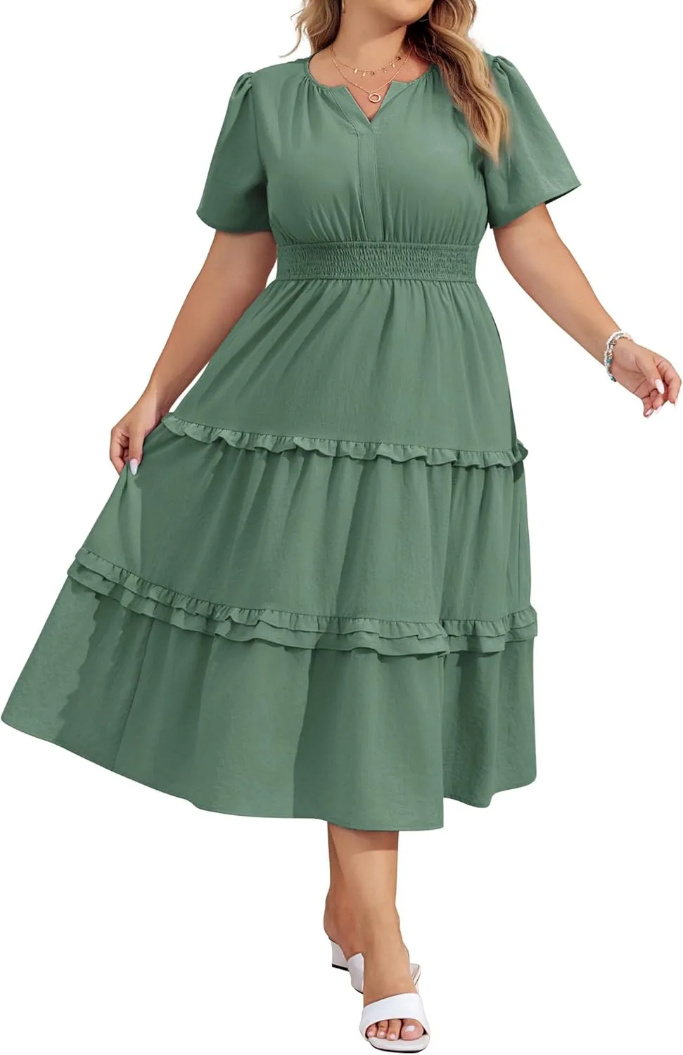 Hanna Nikole Women's Plus Size Summer Casual Dress 2025 V Neck Empire Waist Tiered Flowy Beach Vacation Dress with Pockets