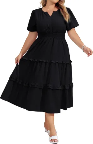 Hanna Nikole Women's Plus Size Summer Casual Dress 2025 V Neck Empire Waist Tiered Flowy Beach Vacation Dress with Pockets