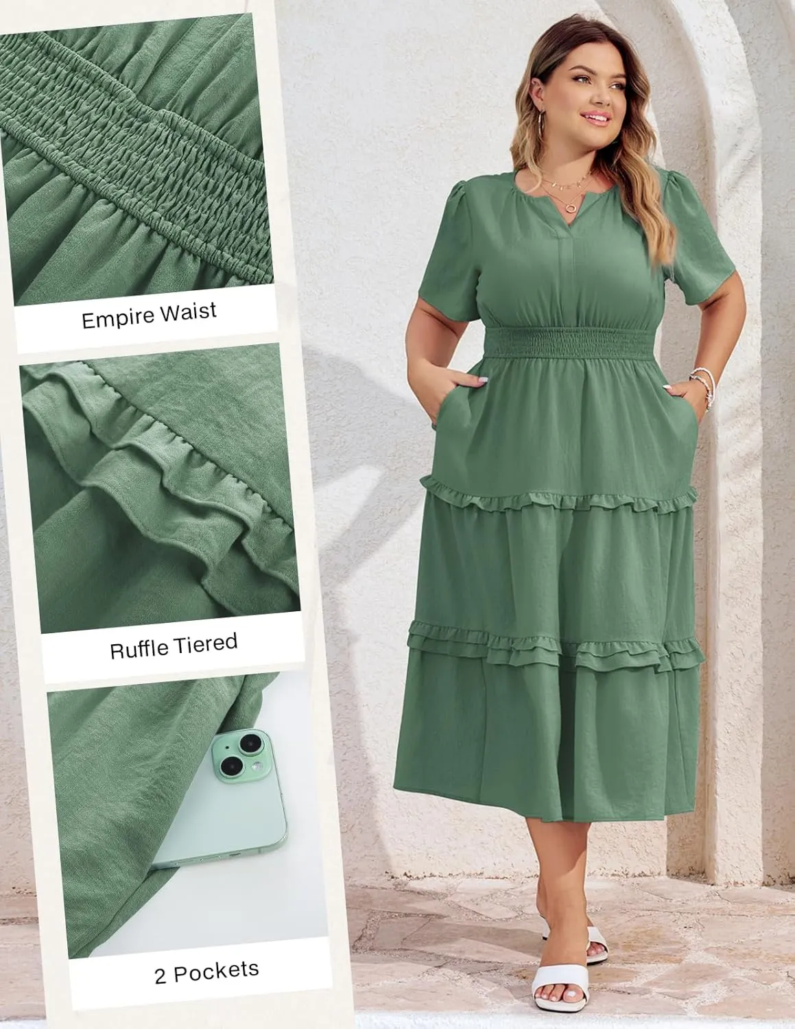 Hanna Nikole Women's Plus Size Summer Casual Dress 2025 V Neck Empire Waist Tiered Flowy Beach Vacation Dress with Pockets