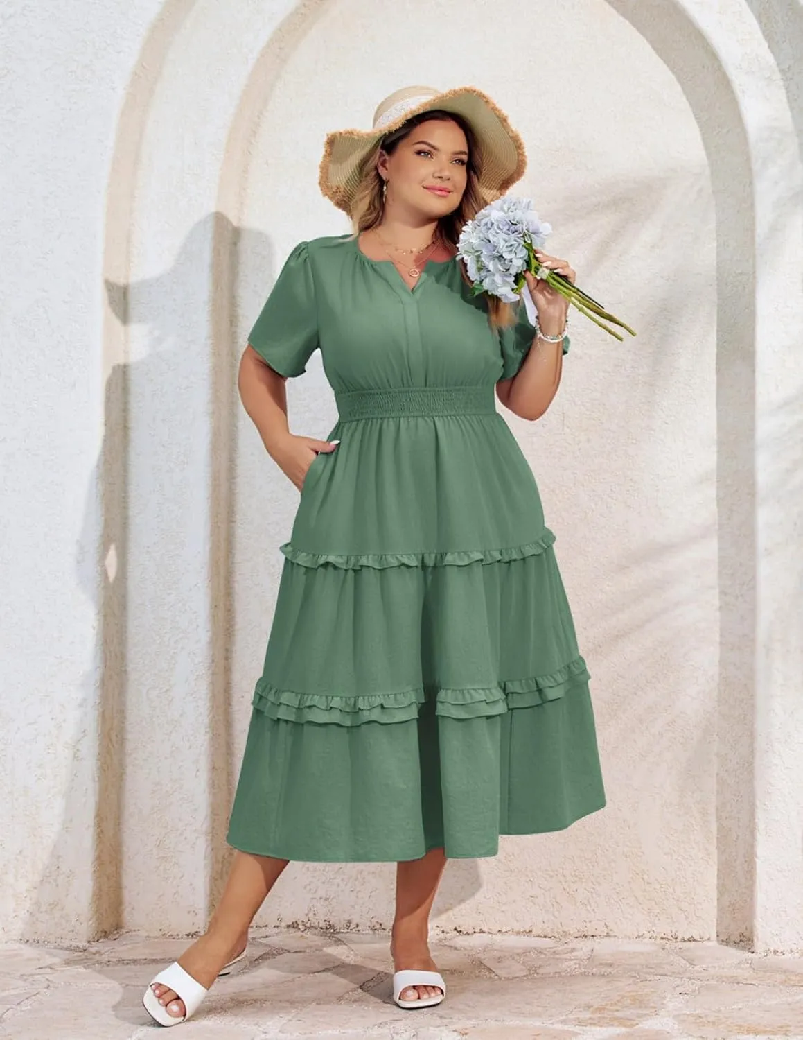 Hanna Nikole Women's Plus Size Summer Casual Dress 2025 V Neck Empire Waist Tiered Flowy Beach Vacation Dress with Pockets