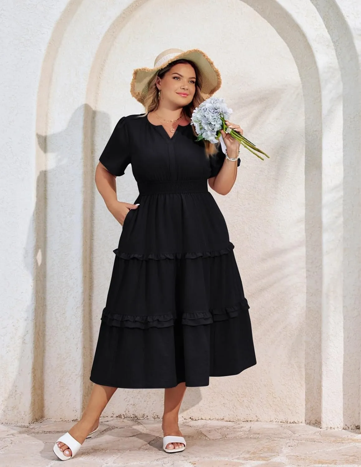 Hanna Nikole Women's Plus Size Summer Casual Dress 2025 V Neck Empire Waist Tiered Flowy Beach Vacation Dress with Pockets
