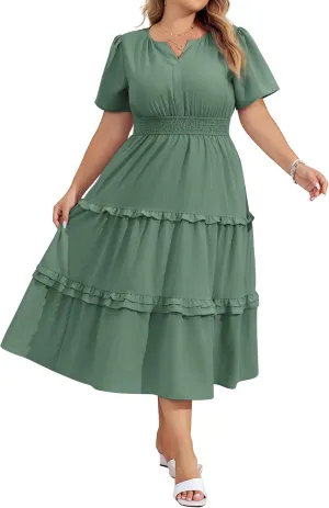 Hanna Nikole Women's Plus Size Summer Casual Dress 2025 V Neck Empire Waist Tiered Flowy Beach Vacation Dress with Pockets