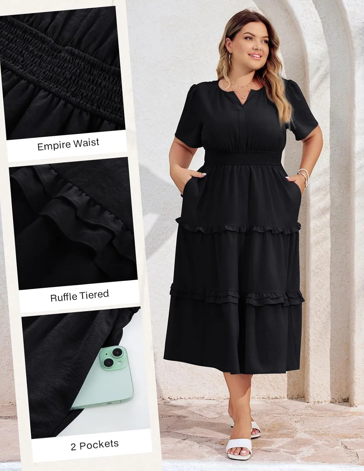 Hanna Nikole Women's Plus Size Summer Casual Dress 2025 V Neck Empire Waist Tiered Flowy Beach Vacation Dress with Pockets