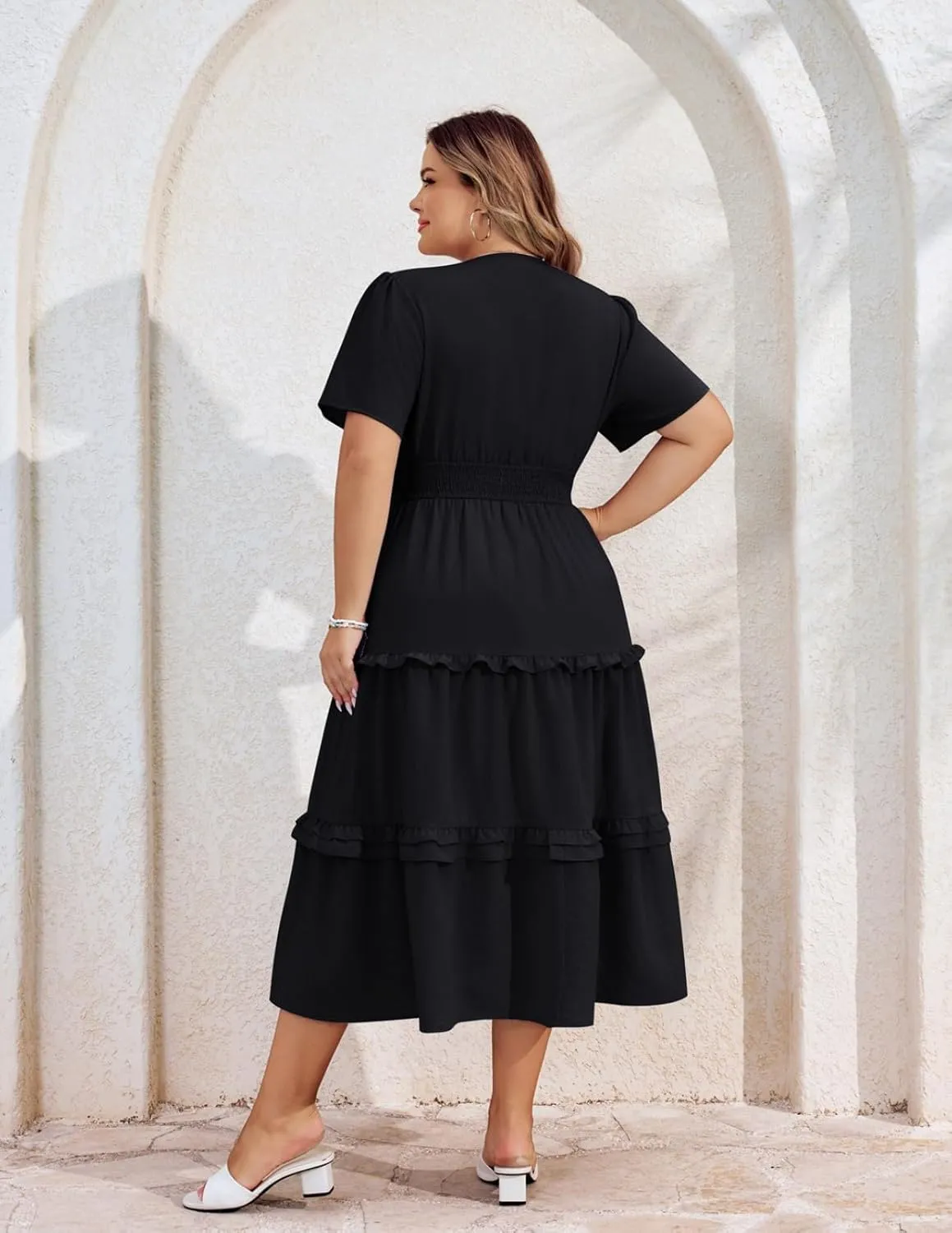 Hanna Nikole Women's Plus Size Summer Casual Dress 2025 V Neck Empire Waist Tiered Flowy Beach Vacation Dress with Pockets