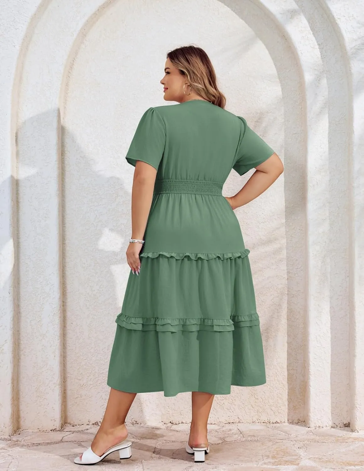 Hanna Nikole Women's Plus Size Summer Casual Dress 2025 V Neck Empire Waist Tiered Flowy Beach Vacation Dress with Pockets