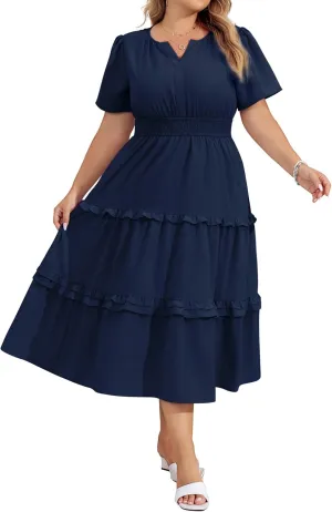 Hanna Nikole Women's Plus Size Summer Casual Dress 2025 V Neck Empire Waist Tiered Flowy Beach Vacation Dress with Pockets