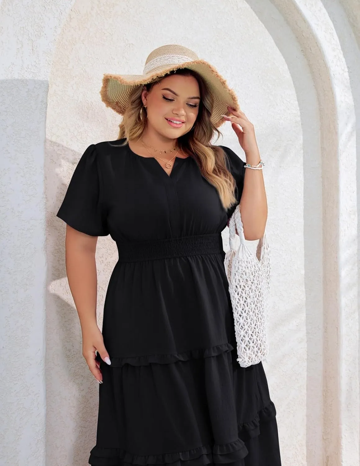 Hanna Nikole Women's Plus Size Summer Casual Dress 2025 V Neck Empire Waist Tiered Flowy Beach Vacation Dress with Pockets