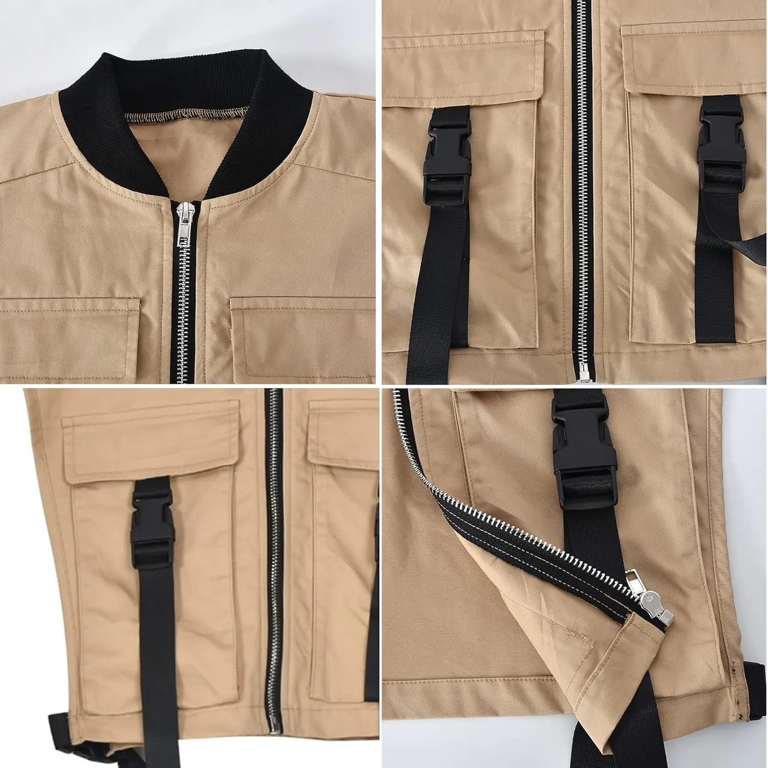 HaoMay Women's Y2K Cropped Buckle Vest Military Tactical Club Full-Zip Jacket