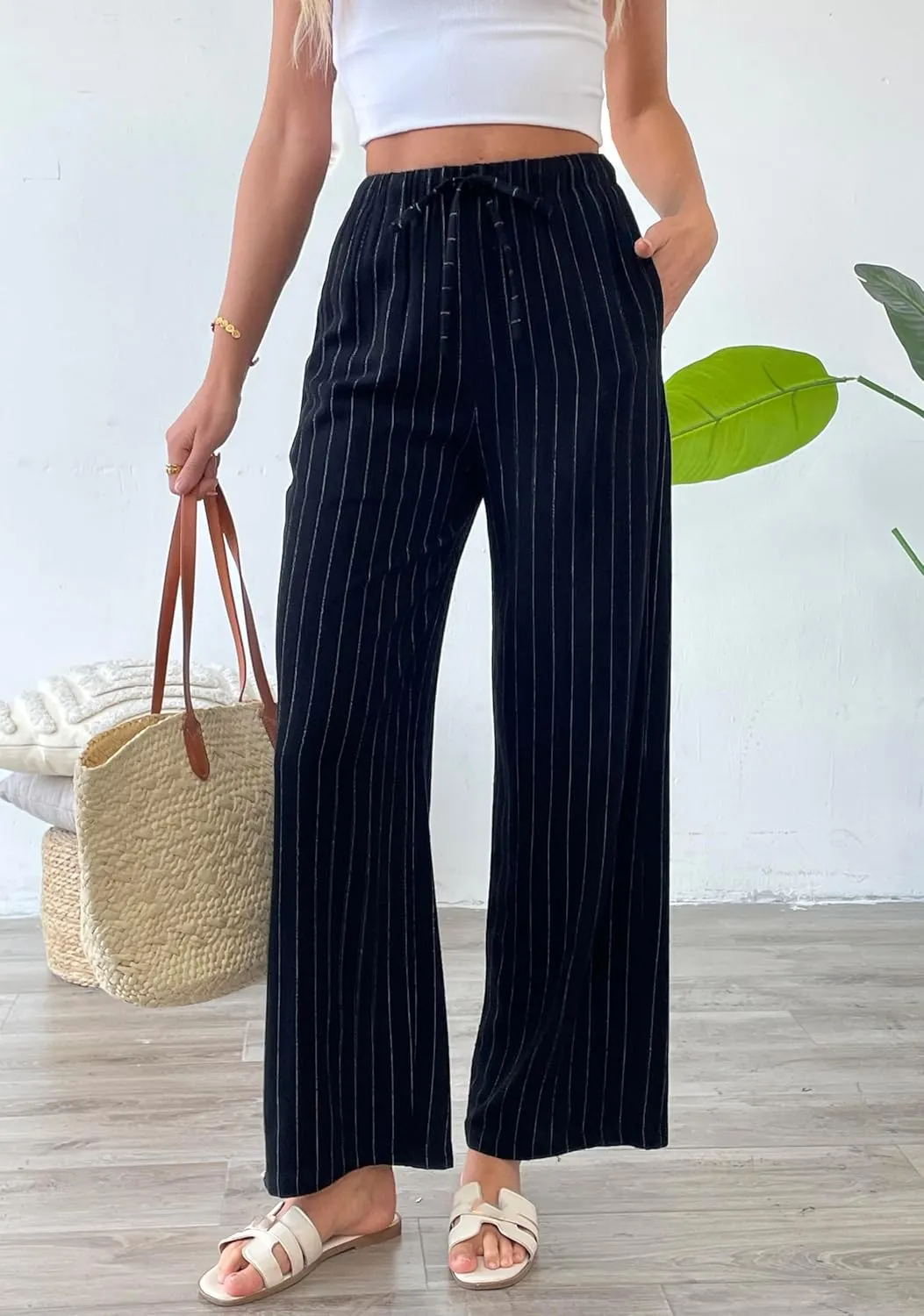 heipeiwa Women's Linen Pants Striped Summer Boho Straight Wide Leg Beach Lounge Casual Trousers