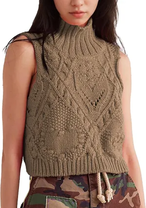 Hixiaohe Turtleneck Crochet Sweater Vest Fall Fashion Knit Sleeveless Tank Tops for Women Lightweight Casual Pullover Clothes