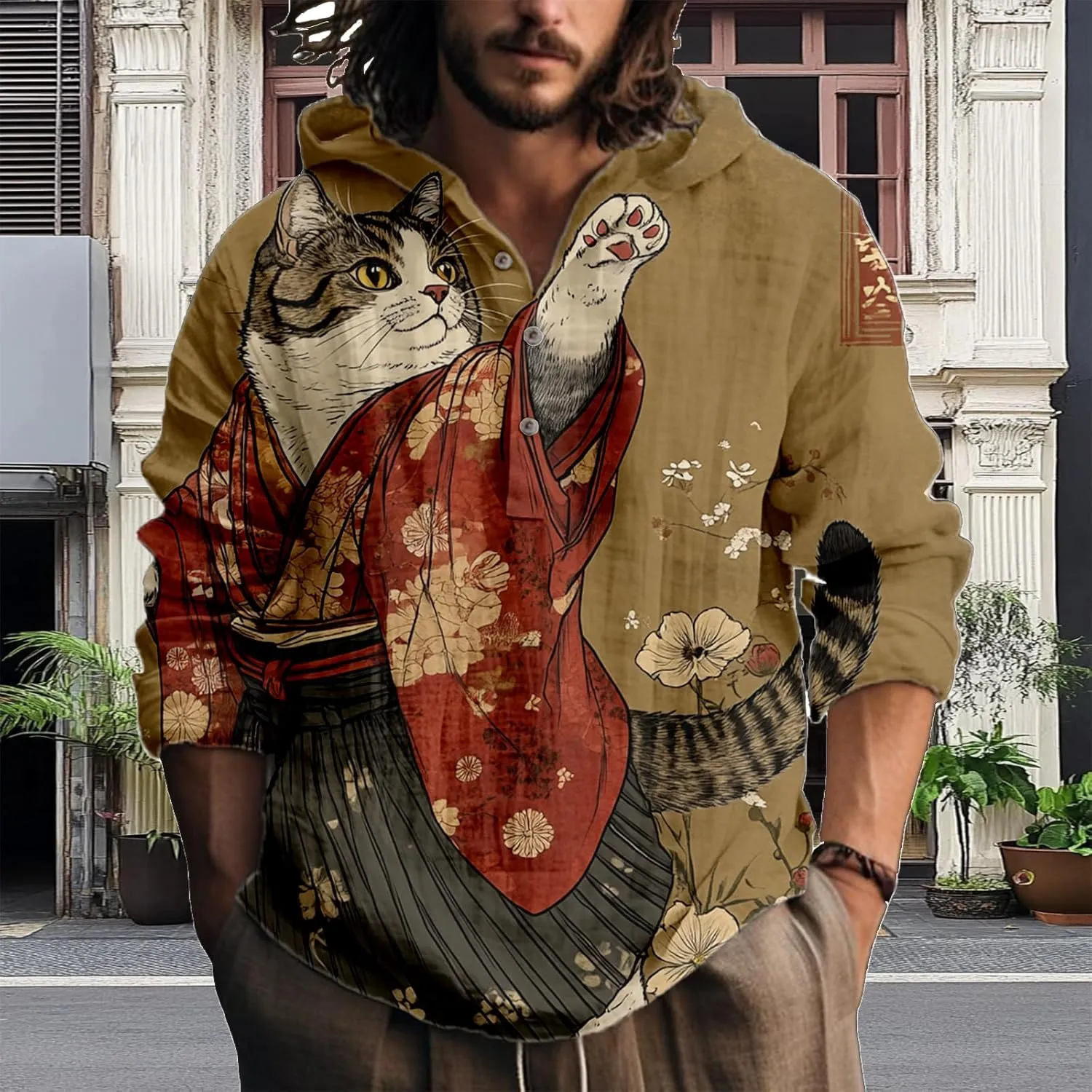 Hooded Long Sleeve Shirt Men Cool Button Up Hoodie Hippe Sweatshirt Casual Artsy Light Weight Shirts