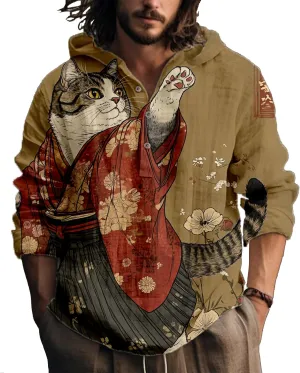 Hooded Long Sleeve Shirt Men Cool Button Up Hoodie Hippe Sweatshirt Casual Artsy Light Weight Shirts