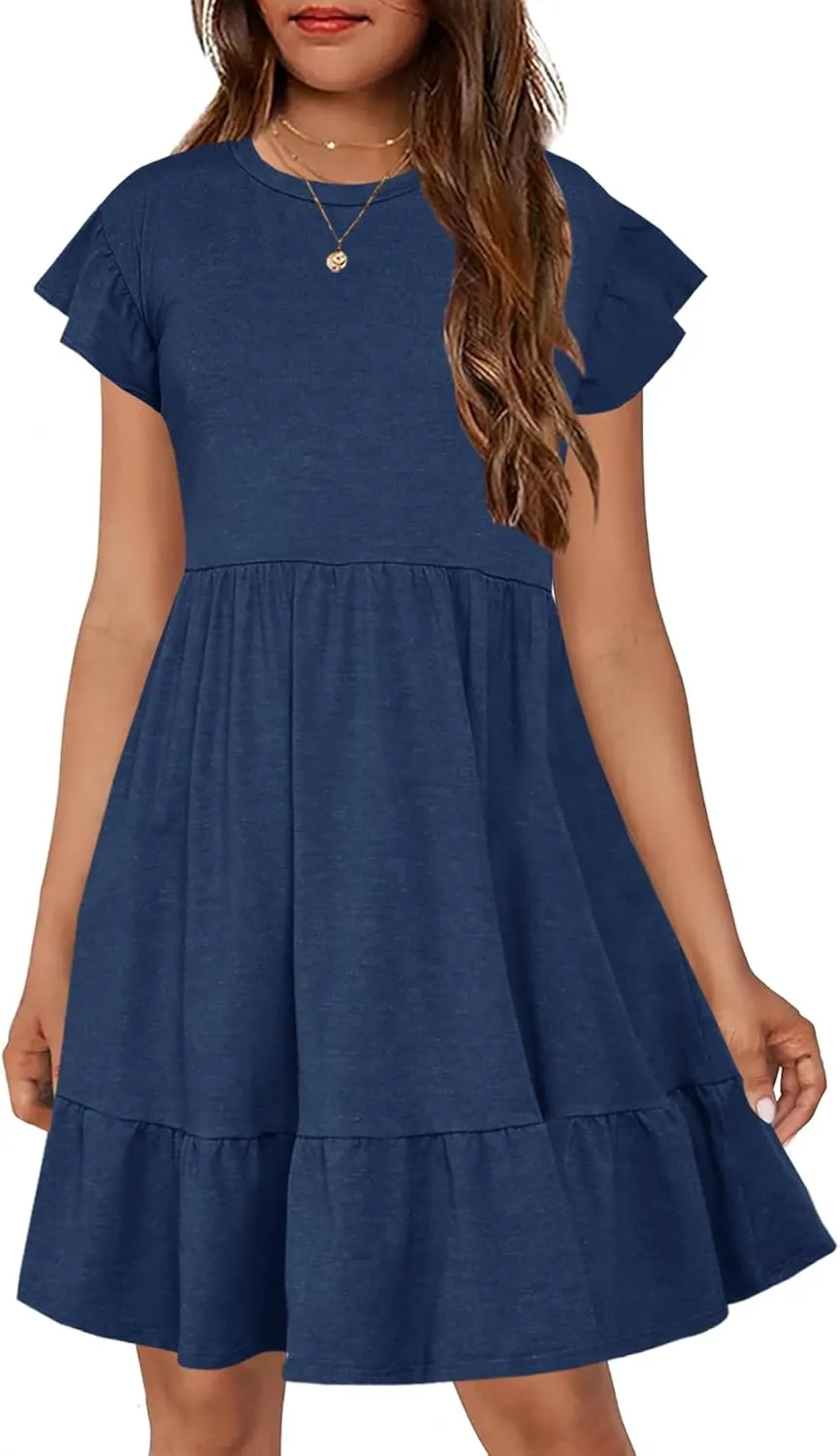 HOSIKA Girls Summer Dress Short Sleeve A-Line Ruffle Tiered Casual Dress with Pockets for 6-12 Years