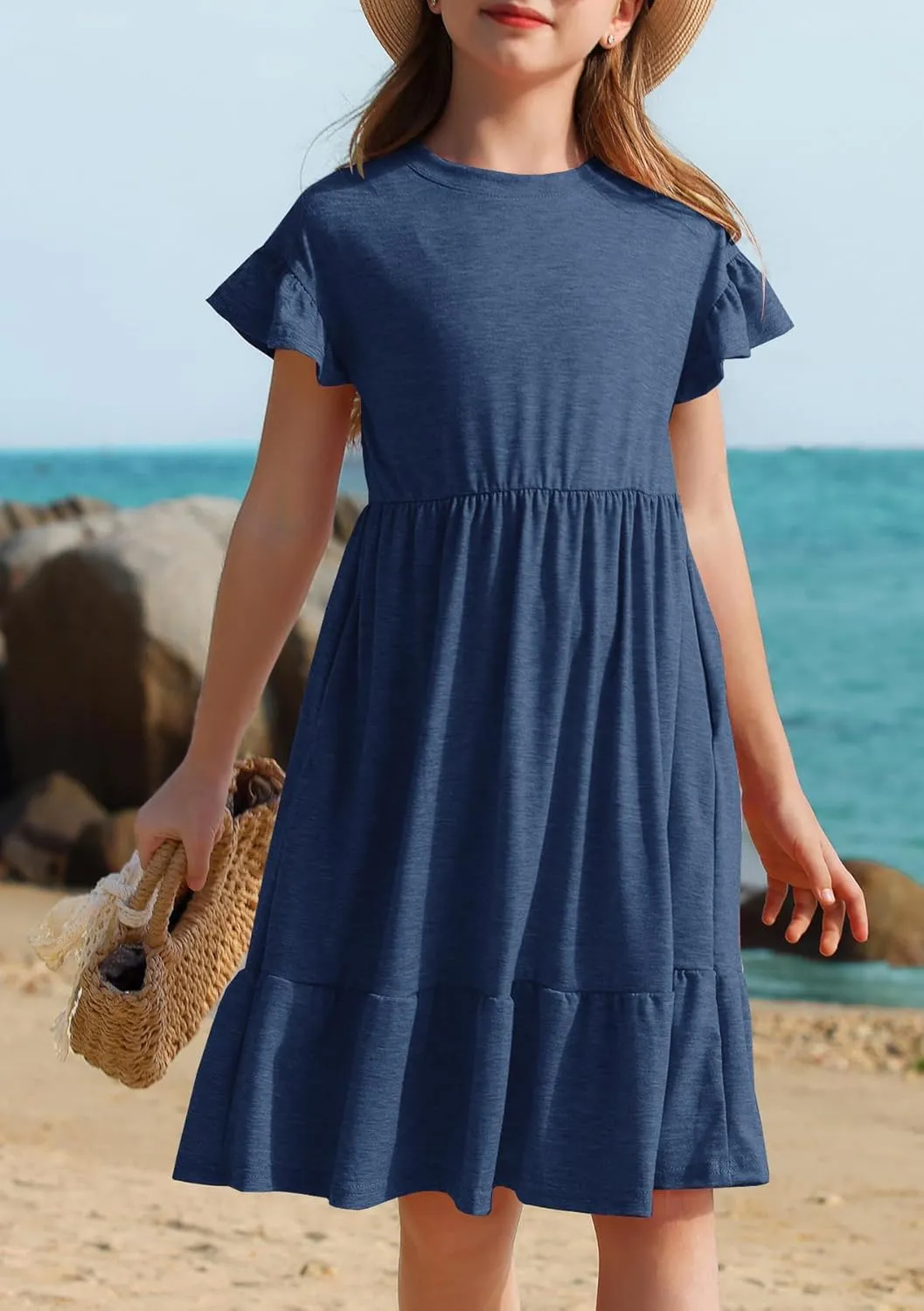 HOSIKA Girls Summer Dress Short Sleeve A-Line Ruffle Tiered Casual Dress with Pockets for 6-12 Years