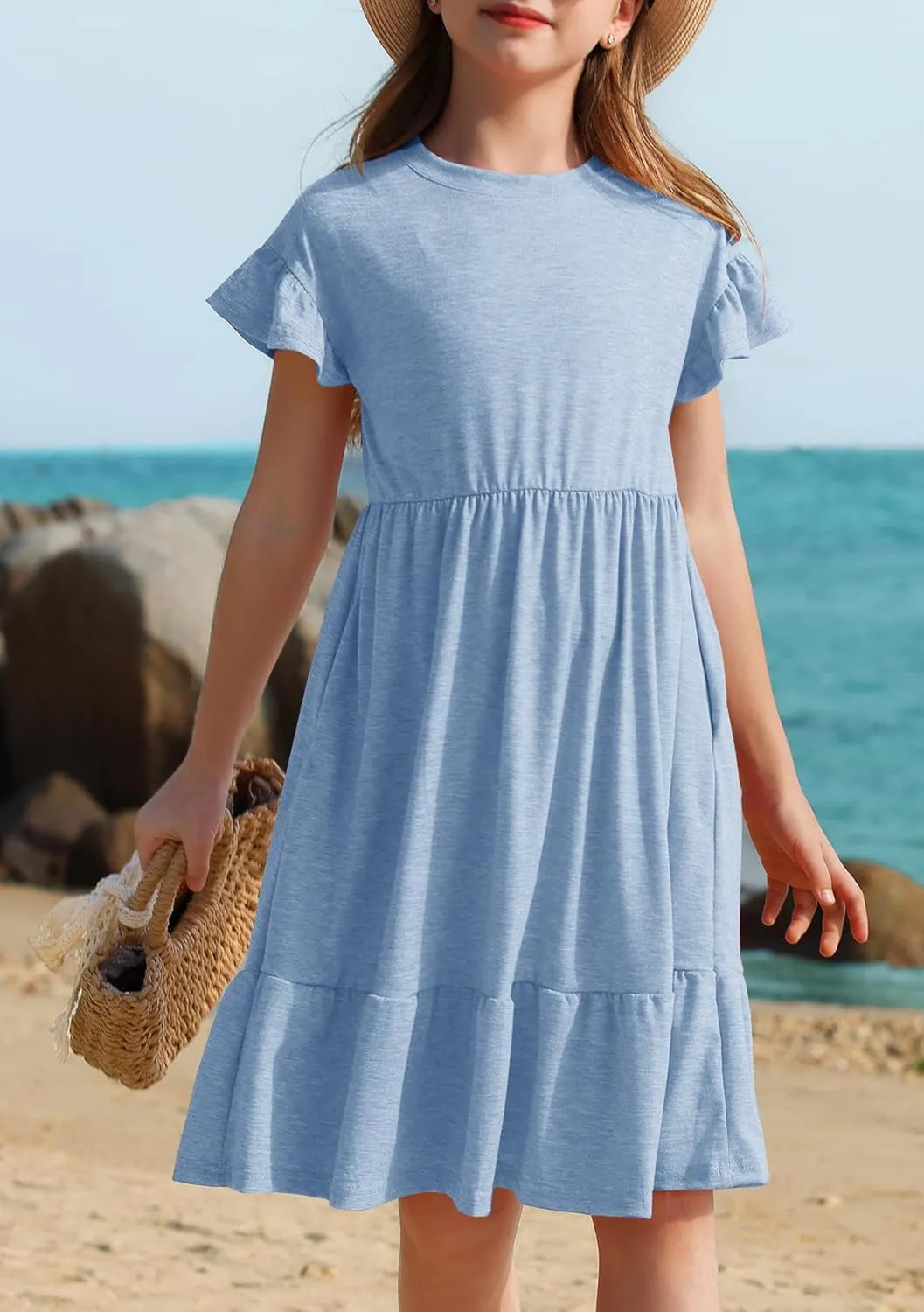 HOSIKA Girls Summer Dress Short Sleeve A-Line Ruffle Tiered Casual Dress with Pockets for 6-12 Years