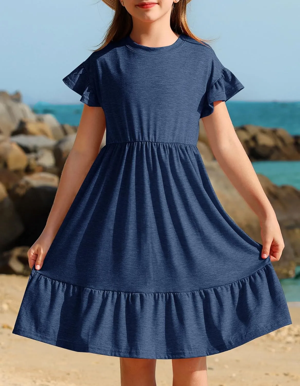 HOSIKA Girls Summer Dress Short Sleeve A-Line Ruffle Tiered Casual Dress with Pockets for 6-12 Years