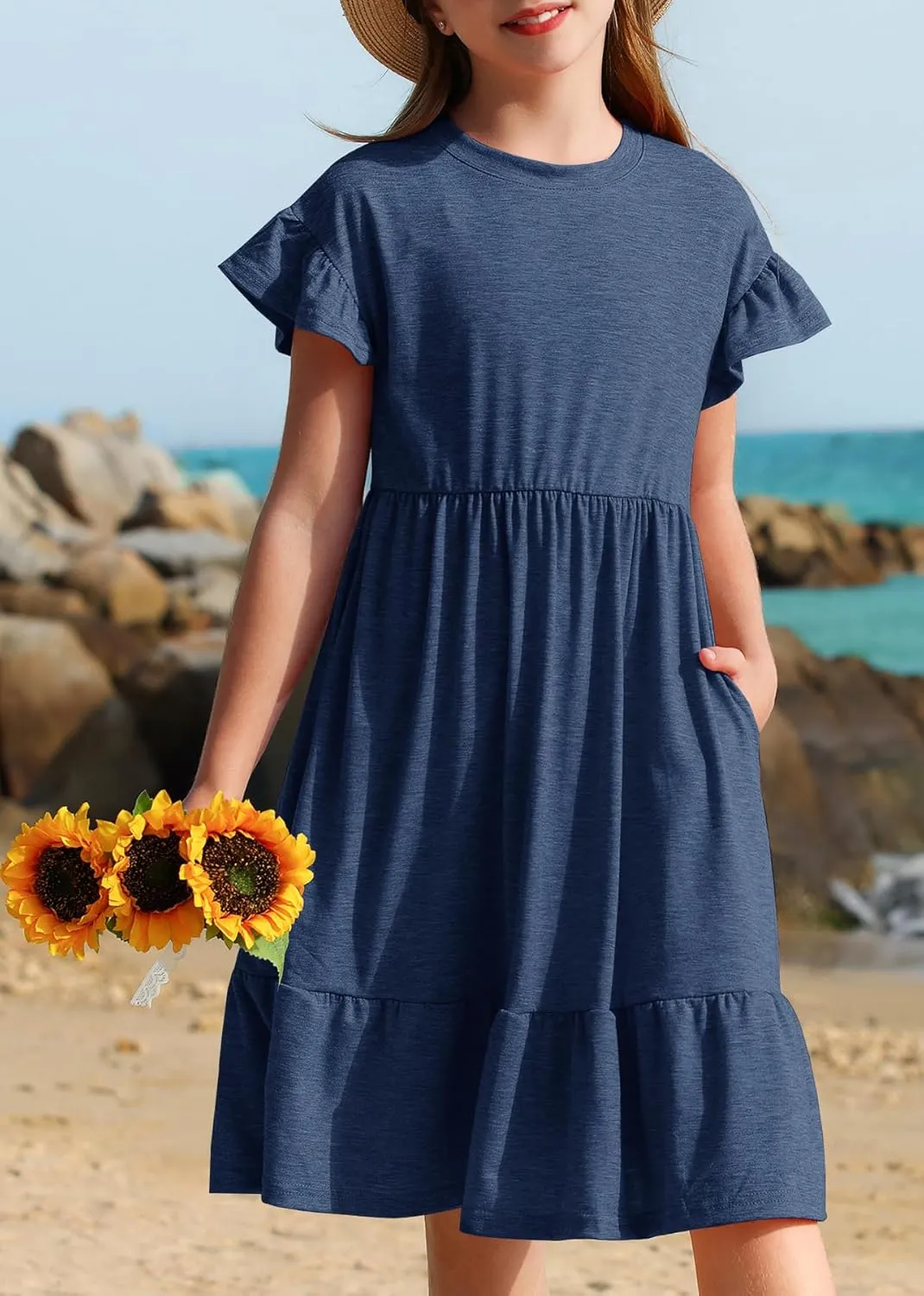 HOSIKA Girls Summer Dress Short Sleeve A-Line Ruffle Tiered Casual Dress with Pockets for 6-12 Years