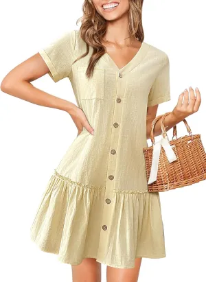 HOTOUCH Women Cotton Linen Dress With Ruffle Hem - Casual Button Down