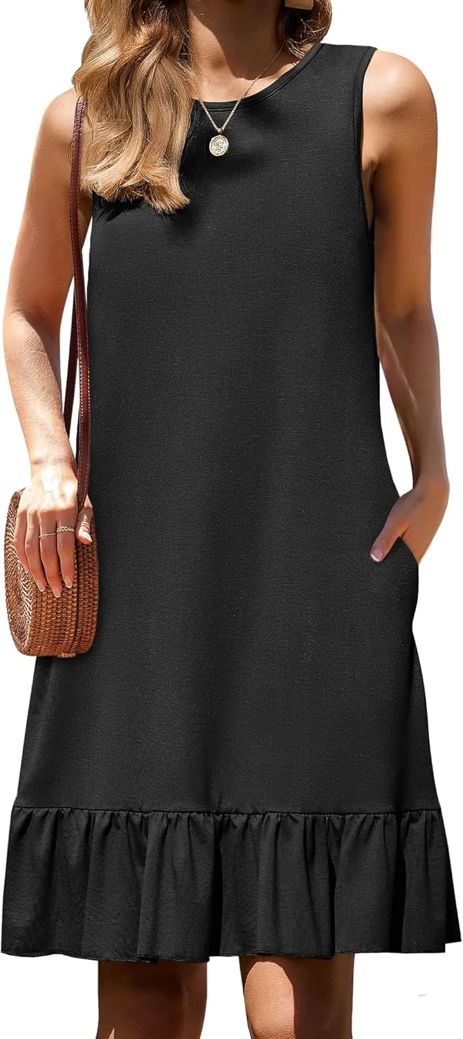 HOTOUCH Women's Summer Dresses Casual Loose Sleeveless Tshirt Sundress Ruffle Hem Tank Dress Beach Dress with Pockets